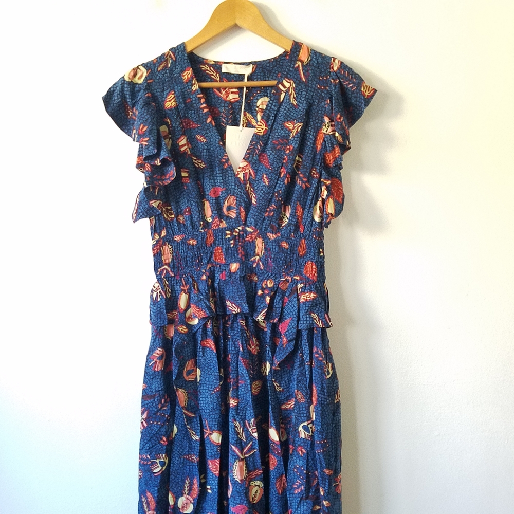 Ulla Johnson Brielle Dress Blue Dahlia Silk Ruffle V-Neck Dress Size 8 - Picture 6 of 16